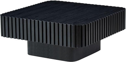 Square Wood Coffee Table for Living Room Modern Drum Wooden Fluted Handcraft Center Tea Cocktail Small Space, Easy Assembly 31.5" W x13.77 H Black