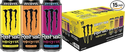 Monster Energy Rehab Tea + Lemonade, Peach, Wild Berry, Variety Pack, Energy Iced Tea,15.5 Ounce (Pack of 15)