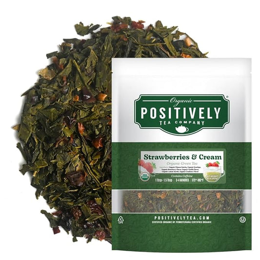 Organic Positively Tea Company, Strawberries and Cream, Green Tea, Loose Leaf, 16 Ounce