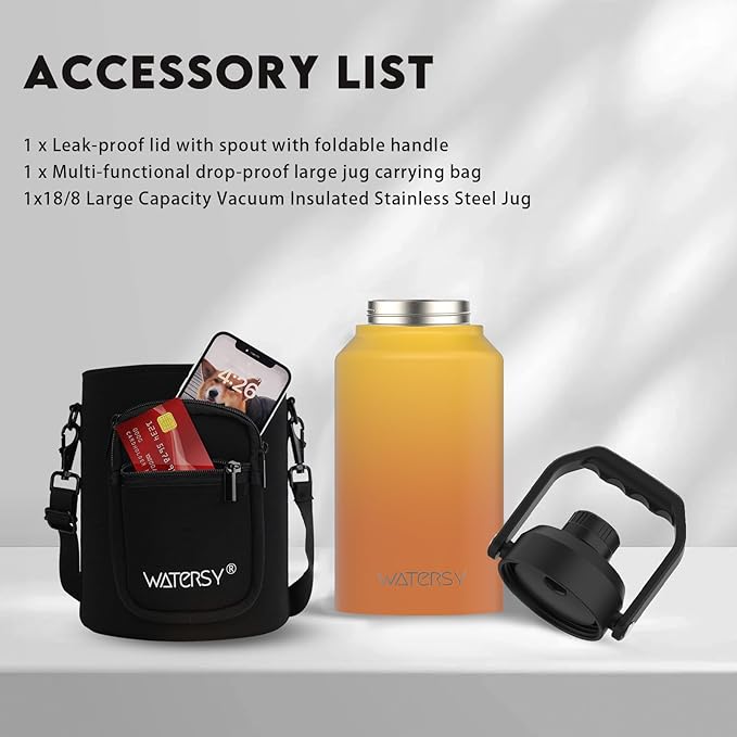 2/3 Gallon Water Bottle Insulated(Cold for 48 Hrs),BPA Free&Leak Proof,87oz Stainless Steel Water Jug/Flask,Big thermo,Large Water Bottle with Handle for Gym,Hiking,Camping,Yellow