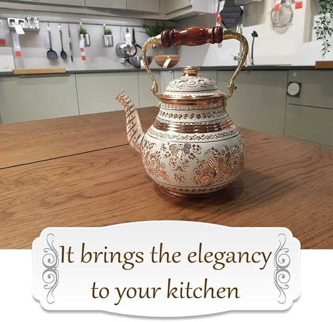 Vintage Copper Turkish TeaPot Tea Kettle Pot for Stovetop Stove Top Infuser Decorative Fancy Arabic Moroccan Party Serving Kitchen Antique Handmade Women Floral Unique Style Gooseneck Gift (Decor4)