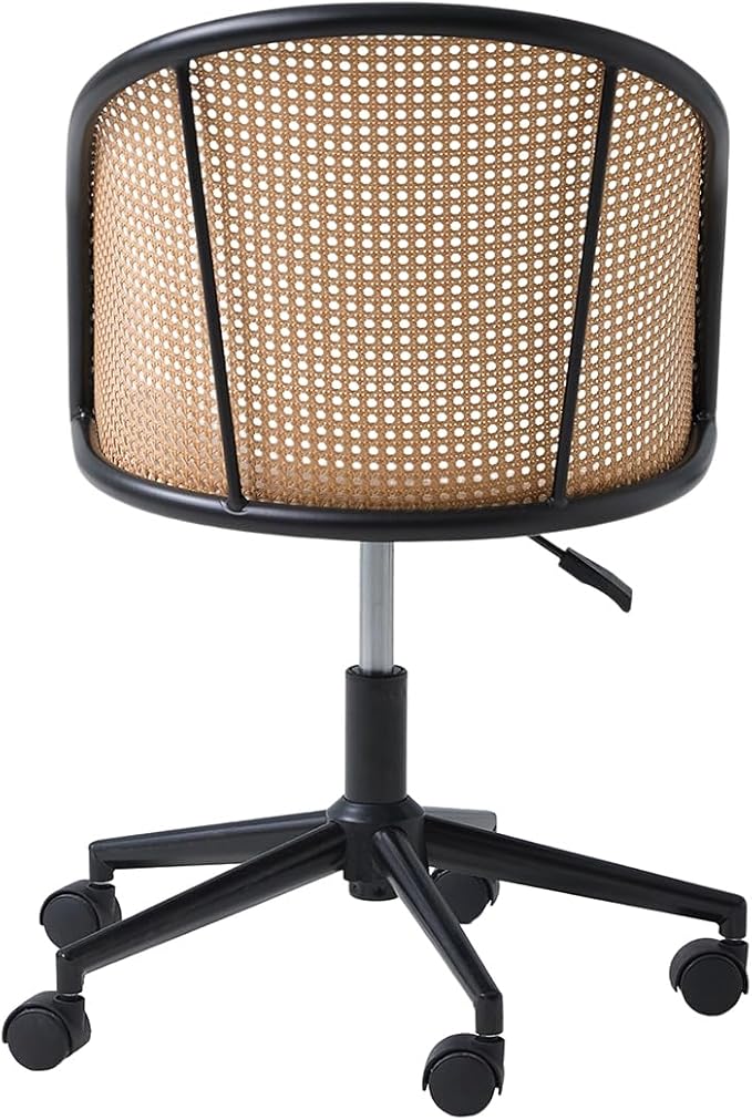 HULALA HOME Rattan Home Office Desk Chair with Curved Backrest, Caster Wheels, Height Adjustable, Accent Task Computer Chair for Home Work, Conference, Dining Room, White