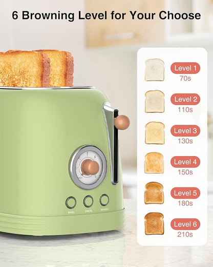 CROWNFUL 2-Slice Toaster, Extra Wide Slots Toaster, Retro Stainless Steel with Bagel, Cancel, Defrost, Reheat Function and 6-Shade Settings, Removal Crumb Tray, Green