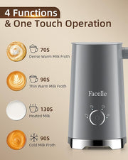 Facelle Milk Frother, 4-in-1 Electric Milk Steamer and Frother, 10oz/300ml Automatic Hot & Cold Foam Maker and Milk Warmer with Auto Shut-Off, for Latte, Cappuccino, Macchiato, Hot Chocolate - Grey