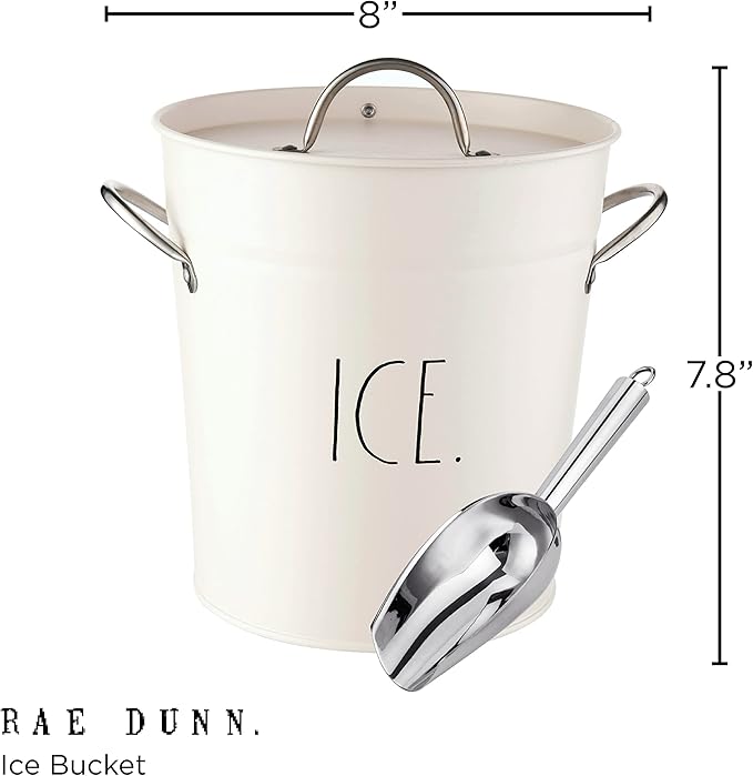 Rae Dunn Ice Bucket with Scoop - Stainless Steel Bucket with Handle, Lid and Ice Scooper - 4 Qt. Storage Bin for Ice Cubes for Bars, Parties, Backyard Barbeques, Picnics, and Camping (White)