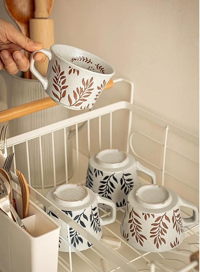 Ceramic Mug 1pcs, 11oz - Vintage Coffee Mug, Pottery Cups for Milk, Latte, Cappuccino, Tea - Porcelain Dishwasher, Microwave Safe Stoneware 1 PCS Olive Black Leave Set of 1