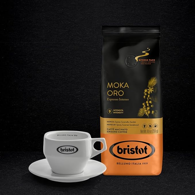 Bristot Moka Oro Ground Coffee – Italian Espresso – Medium Roast – Notes of Spices, Caramel & Sandalwood – For Moka, French Press, Pour Over – 8.8oz (250g)