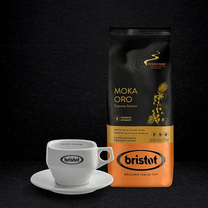 Bristot Moka Oro Ground Coffee – Italian Espresso – Medium Roast – Notes of Spices, Caramel & Sandalwood – For Moka, French Press, Pour Over – 8.8oz (250g)