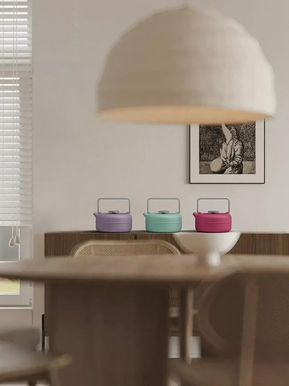 Toptier Teapot with Removable Infuser, Cast Iron Tea Kettle Stovetop Safe, Solid Geometry Cylinder Design Tea Pot Coated with Enameled Interior for 27 Ounce (800 ml), Rose Red