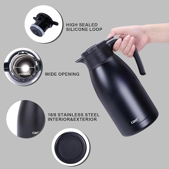 GiNT 1.9L / 64Oz Thermal Coffee Carafe, Insulated Stainless Steel Coffee Carafes for Keeping Hot/Double Walled Vacuum Thermal Carafe (Black)
