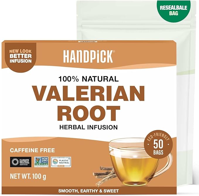 HANDPICK, Valerian Root Tea Bags (Valeriana) 50 Count | Non-GMO, Caffeine Free, Real Ingredients | Earthy/Woody Herbal Tea Bags | Round Eco-conscious Teabags