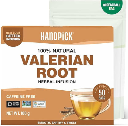 HANDPICK, Valerian Root Tea Bags (Valeriana) 50 Count | Non-GMO, Caffeine Free, Real Ingredients | Earthy/Woody Herbal Tea Bags | Round Eco-conscious Teabags