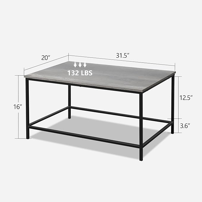 SENIG Small Coffee Table, Modern Industrial Style Rectangular Table, Grey Wood and Sturdy Metal Side End Table, Rustic Accent Functional Coffee Table for Living Room,31.5 x 20 x 16