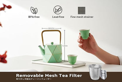 Toptier Cast Iron Teapot, Stovetop Safe Japanese Cast Iron Tea Kettle, Diamond Design Tea Pot with Removable Infuser for Loose Tea, 30 Ounce (900 ml), Light Green