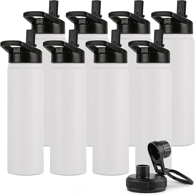 DOMICARE Insulated Water Bottle, 22 oz Vacuum Insulated Stainless Steel Reusable Sports Bottle with Straw Lid & Spout Lid for Travel, Camping, Bike, Leakproof, White, 8 Pack