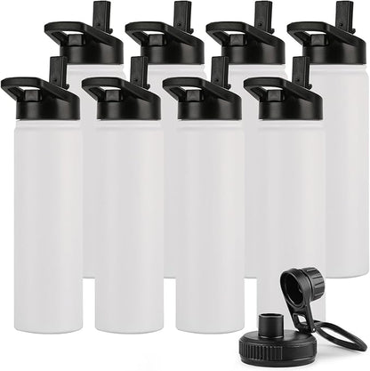DOMICARE Insulated Water Bottle, 22 oz Vacuum Insulated Stainless Steel Reusable Sports Bottle with Straw Lid & Spout Lid for Travel, Camping, Bike, Leakproof, White, 8 Pack