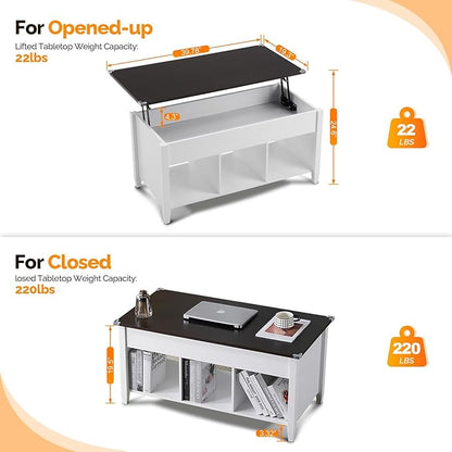 VINGLI Lift Top Coffee Table, White, with Storage Shelf/Hidden Compartment, Gas Lifting Mesa De Centro para Sala Pop Up Coffe Table