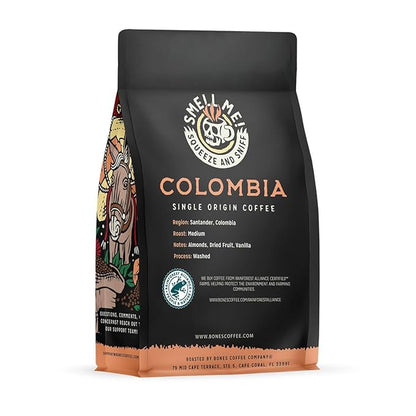 Bones Coffee Company Colombia Single-Origin Coffee, Almonds, Dried Fruit, Vanilla Notes, Flavored Whole Bean Coffee, Medium Roast Low Acid Arabica Beans, 12 oz Whole Bean