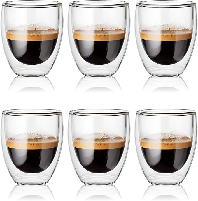 Double Wall Glass Coffee Mugs Insulated Thermal Glasses 12oz, Hot and Cold Insulated Clear Coffee Cups for Kitchen/Travel,6Pcs