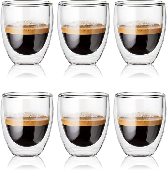 Double Wall Glass Coffee Mugs Insulated Thermal Glasses 12oz, Hot and Cold Insulated Clear Coffee Cups for Kitchen/Travel,6Pcs