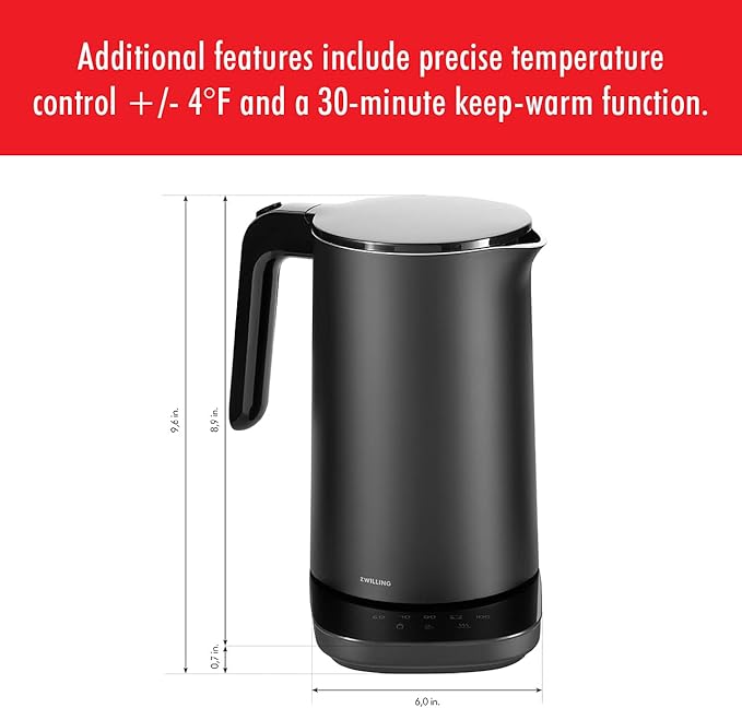 ZWILLING Enfinigy Cool Touch 1.5-Liter Electric Kettle Pro, Cordless Tea Kettle & Hot Water, Black