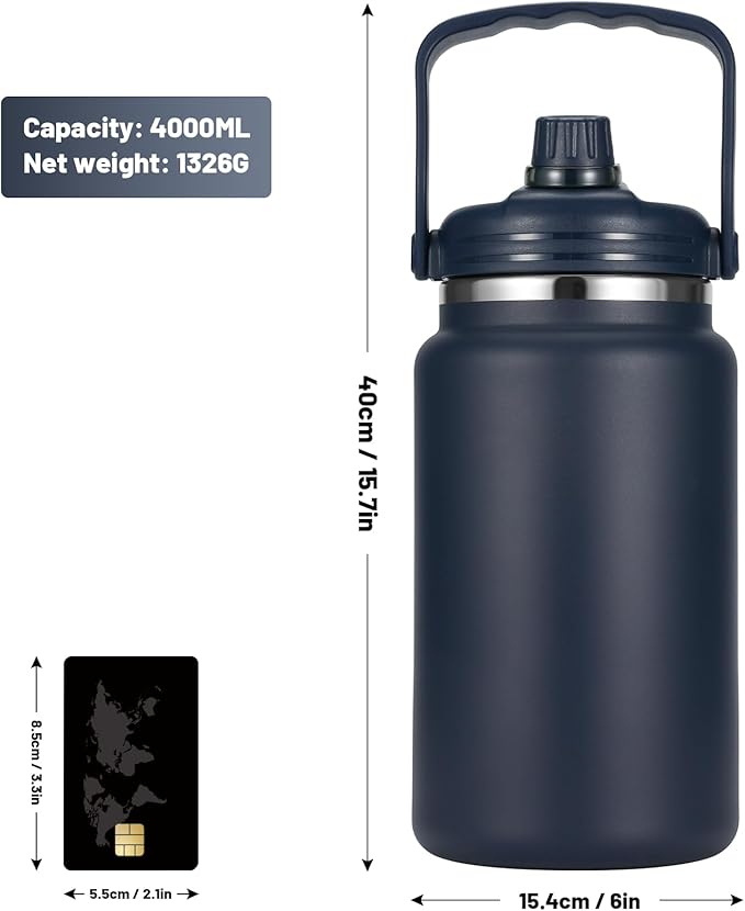 1 Gallon Thermosflask with Straw, 135oz Stainless Steel Insulated Water Bottle，4L Oversized Double Wall Vacuum Jug with Handle for Hot Cold Drinks, Wide mouth Icebuckets for Hiking Sports(Blue)