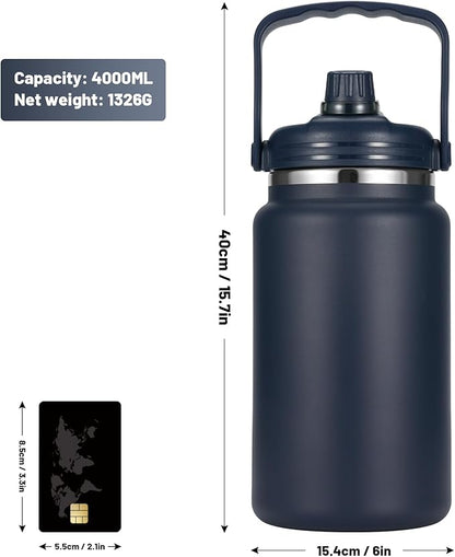 1 Gallon Thermosflask with Straw, 135oz Stainless Steel Insulated Water Bottle，4L Oversized Double Wall Vacuum Jug with Handle for Hot Cold Drinks, Wide mouth Icebuckets for Hiking Sports(Blue)