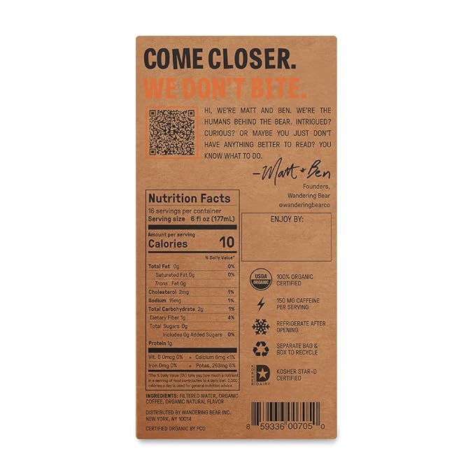 Wandering Bear Organic Hazelnut Cold Brew Coffee On Tap, Iced Coffee Drink -Extra Strong, Smooth, No Sugar Added, Shelf-Stable, Ready to Drink,Gluten Free & Vegan Decaf -16 Servings of 6fl.oz -96fl.oz