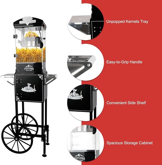 Portable Popcorn Machine with Cart & Wheels, 10 Oz Commercial Popcorn Maker with Kettle, Includes 3 Measuring Spoons for Home Theater, Parties, Events