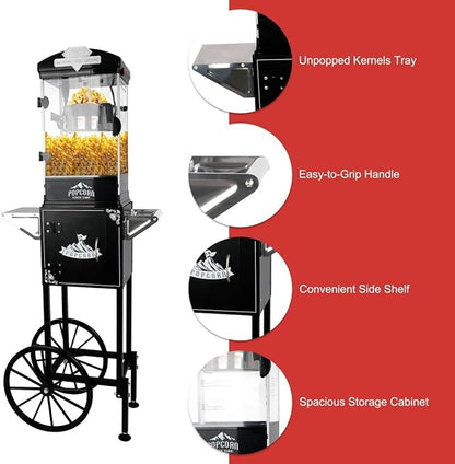 Portable Popcorn Machine with Cart & Wheels, 10 Oz Commercial Popcorn Maker with Kettle, Includes 3 Measuring Spoons for Home Theater, Parties, Events