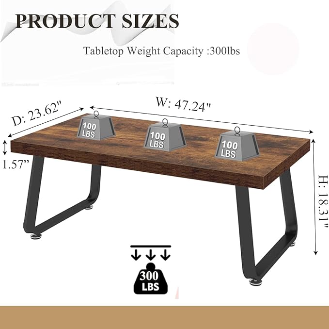 HSH Wooden Coffee Table, Industrial Rectangle Center Table, Modern Minimalist Coffee Table for Living Room, Farmhouse Wood and Metal Cocktail Tea Table for Bedroom Home Office, Rustic Brown, 47 in