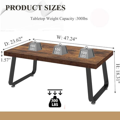 HSH Wooden Coffee Table, Industrial Rectangle Center Table, Modern Minimalist Coffee Table for Living Room, Farmhouse Wood and Metal Cocktail Tea Table for Bedroom Home Office, Rustic Brown, 47 in