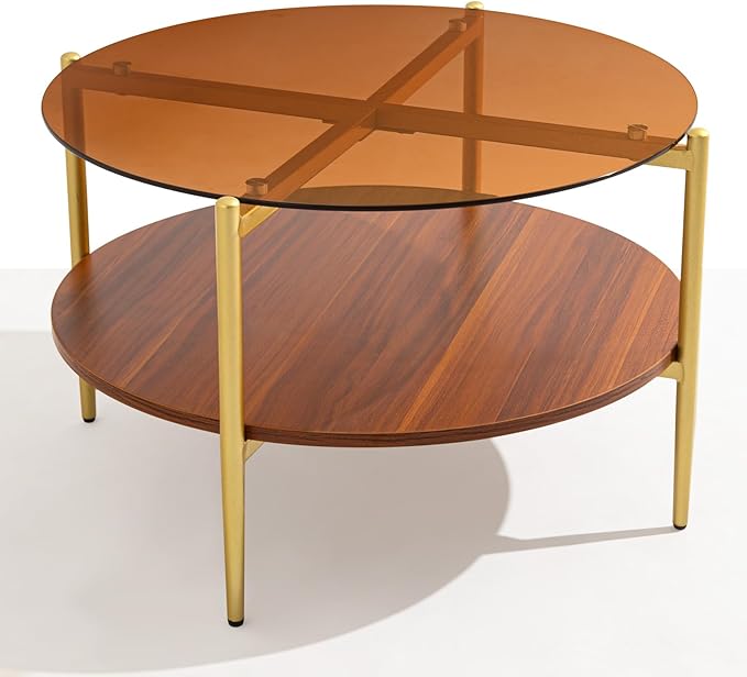 Round Glass Coffee Tables, Mid Century Center Table with Brown Glass Top, Solid Brown Storage Shelf and Sturable Gold Legs for Small Space, Office, Department, Living Room