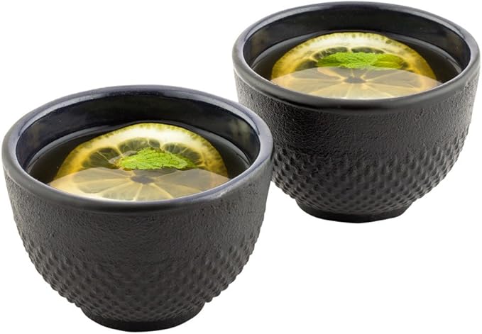 Restaurantware-Tetsubin 5 Ounce Cast Iron Tea Cups, Set Of 2 Hobnail Black Cups - Enamel Coated Interior, Durable, Black Cast Iron Asian Tea Cup, For Homes or Restaurants, Corrosion-Resistant