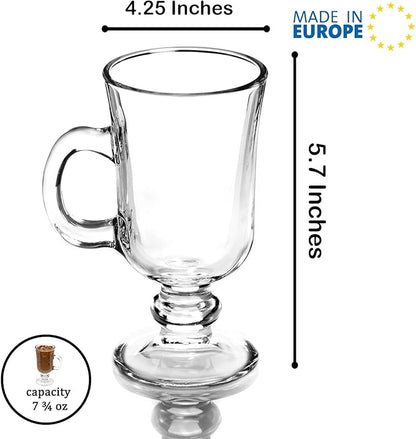 Volarium Irish Glass Coffee Mugs, Latte Cups, Set of 2 Cappuccino and Hot Chocolate Mugs with Handle, Clear Glass Mugs for Hot Beverages, 7 3/4 oz