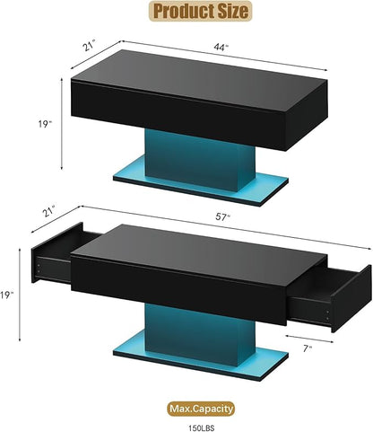 Black Led Coffee Table with 2 Storage Drawers for Living Room, Living Room Table Rectangular Center Table, Modern High Glossy Wooden Coffee Tables with Lights for Dining Reception Room