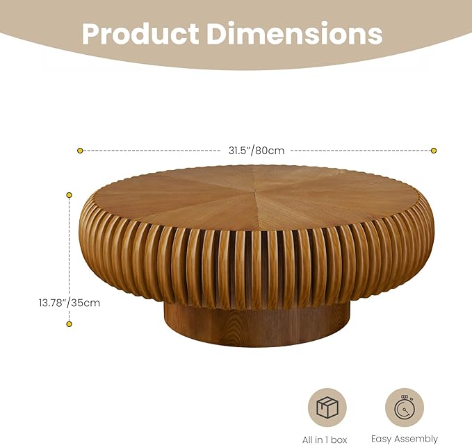 Round Fluted Coffee Table Modern Handcraft Drum Coffee Table with Sturdy Pedestal 31.5" Farmhouse Center Table Tea Table for Living Room, Reception Room, Entertainment Room (Brown 31.5 inch)