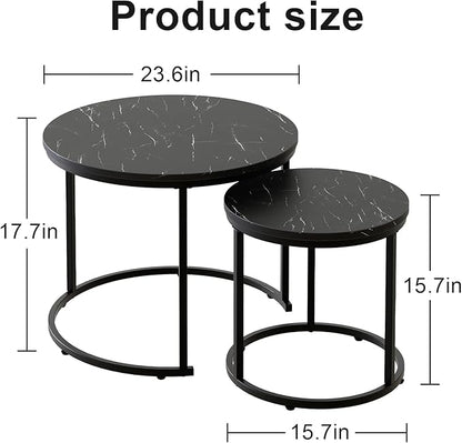 aboxoo Round Nesting Coffee Table Side Set of 2 End Tables for Living Room Bedroom Balcony,Black Faux Marble Wooden Table 23.6IN Accent Large Coffee Table with Steel Frame