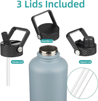 Insulated Water Bottle with Straw,87 oz 3 Lids Water Jug with Carrying Bag,Paracord Handle,Double Wall Vacuum Stainless Steel Metal Flask,Storm Blue