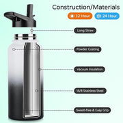 DOMICARE 32 oz Insulated Water Bottle, Vacuum Insulated Stainless Steel Sports Water Bottle with Straw Lid & Spout Lid, Leakproof, Reusable - Travel, Camping, Bike, Black White Gradient