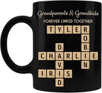 Load image into Gallery viewer, Family Forever Linked Together Custom Names Ceramic Mug, Crossword Puzzle Art, for Birthday, Anniversary or Special Occasions (Grandparents &amp; Grandkids Forever Linked Together Black Mug)