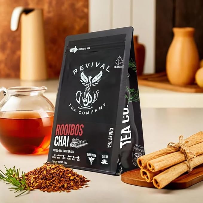 Revival Tea Company Rooibos Chai Tea - Rooibos Red Tea Blend with Fresh Spiced Chai Flavor - Caffeine Free - 24 Tea Bags