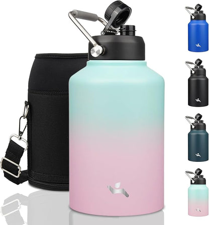1 Gallon Jug with Handle,128 oz Insulated Water Bottle with Carrying Pouch,Double Wall Vacuum Stainless Steel Metal Bottle,Gum