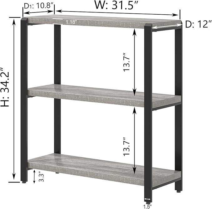 FOLUBAN 3 Tier Bookshelf, Industrial Wood and Metal Book Shelf and Bookcase, Short Book Case for Office Living Room Bedroom, Light Grey