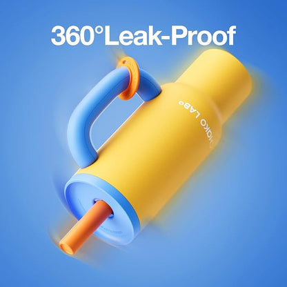 BaWang Insulated Stainless Steel Tumbler | Tumbler with Handle and Straw 33oz | Cup Holder Friendly for Travel | Leakproof Water Bottle | BPA-Free | 316 stainless steel liner| yellow＆blue