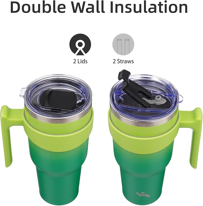 40 oz Tumbler with Handle and 2 Straw 2 Lid, Insulated Water Bottle Stainless Steel Vacuum Cup Reusable Travel Mug,Matcha Green