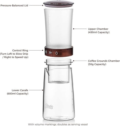 Adjustable Flow Cold Brew Coffee Maker, 450ml Glass Ice Drip Tower with Control Valve & 500-Mesh Stainless Steel Filter for Smooth, Low-Acid Cold Brew Iced Coffee at Home (Translucent Amber)