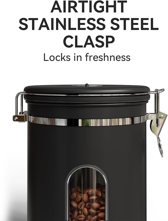 Veken Coffee Canister with Window,Airtight Stainless Steel Container,Home Kitchen Food Storage Organizers for Grounds,Beans,Espresso,Rice,Tea,Sugar,Flour, Cereal,Scoop,Bar Accessories,Gifts,22OZ,Black