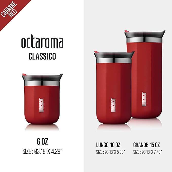 WACACO Octaroma Classico Vacuum Insulated Coffee Mug, Double-wall Stainless Steel Travel Tumbler With Drinking Lid, 6 fl oz (180ml), Carmine Red