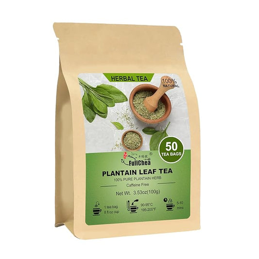 FullChea - Plantain Leaf Tea, 50 Teabags, 2g/bag - Whole Plantain Leaves - Plantago Major Herbal Tea - Non-GMO - Caffeine-free - Support Respiratory Health & Boost Immunity